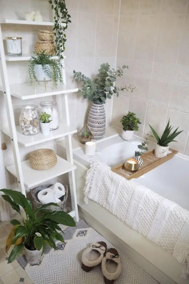 salle de bain cosy exemple style bohème blanc simple plantes vertes étagère blanche échelle