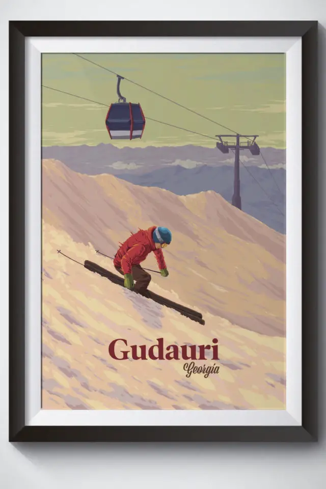 Ou trouver affiche voyage Géorgie Gudauri ski télécabine montagnes