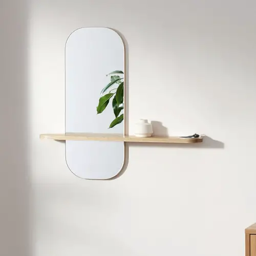 accessoire salle de bain moderne design Miroir mural avec étagère, frêne