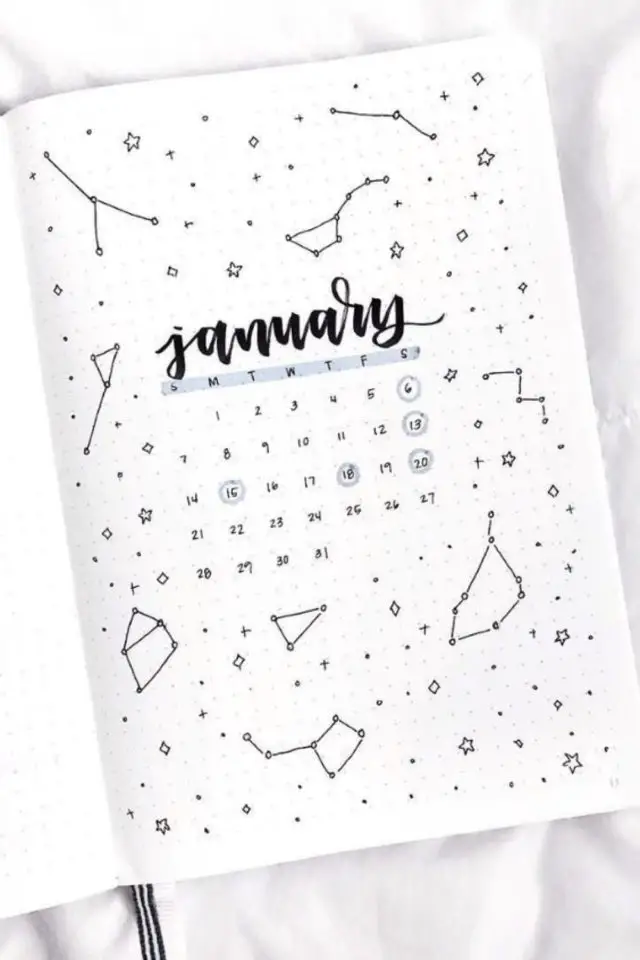 bullet journal page garde janvier constellations mini calendrier