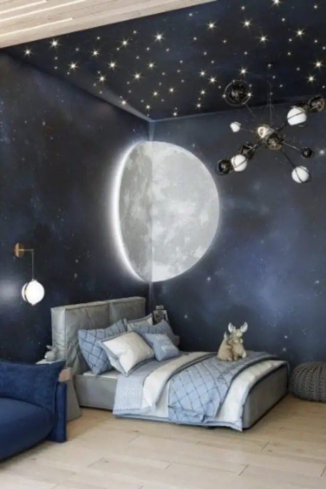 chambre enfant thematique lune exemple décor mural sombre éclairage luminaire