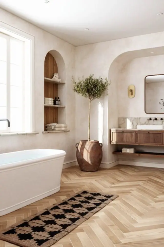 exemple relooking salle de bain slow living arche moderne bois parquet