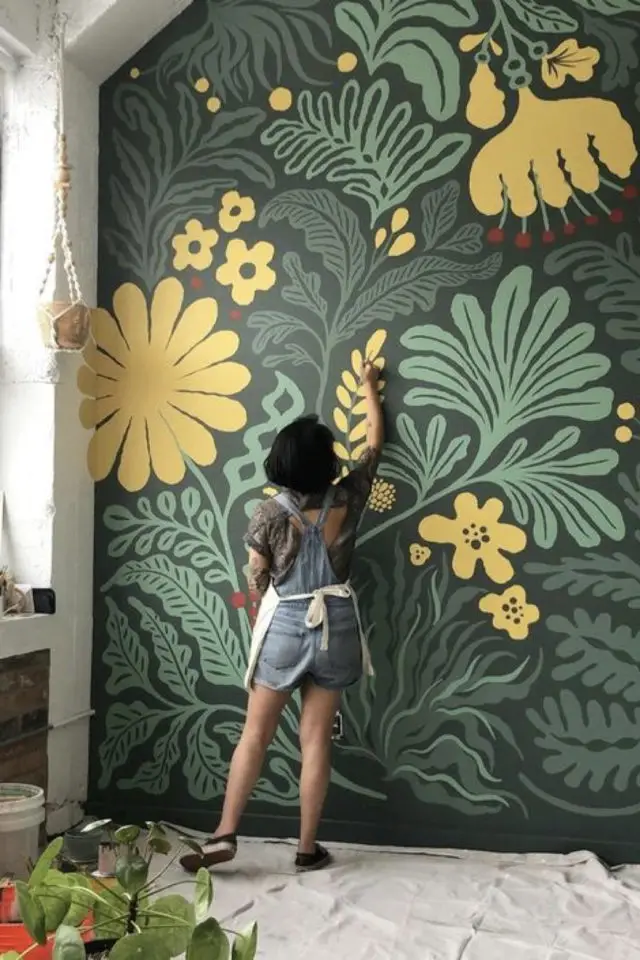 fresque murale moderne a copier plantes fleurs nuances de vert et jaune nature