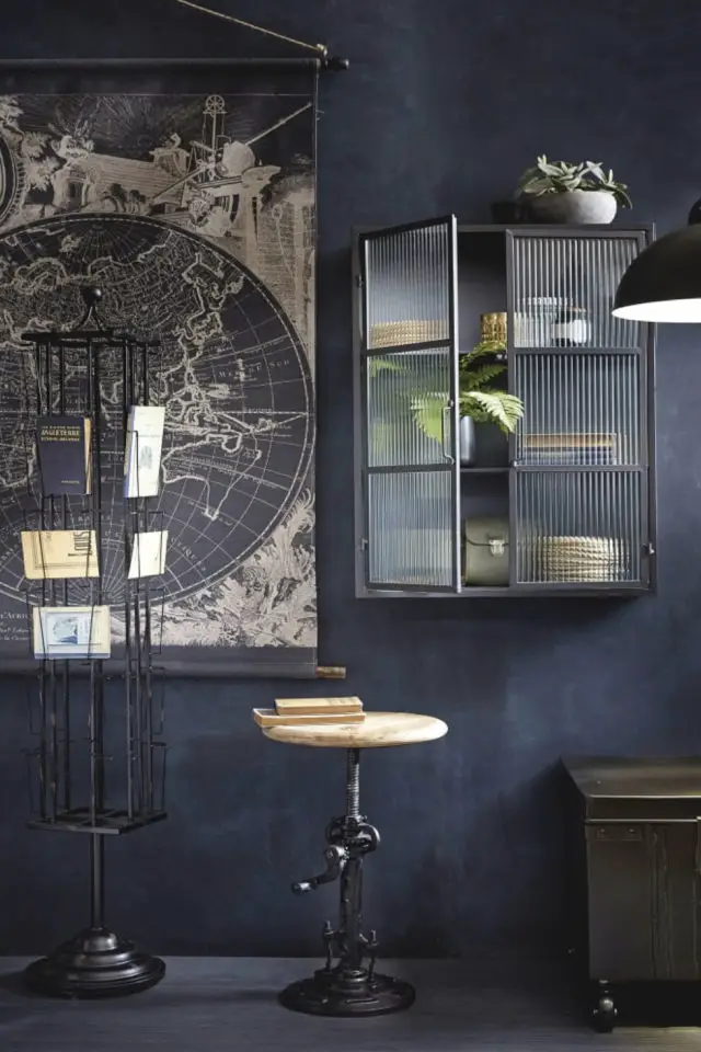 interieur masculin mobilier exemple ambiance sombre noir industriel chic cuisine bureau