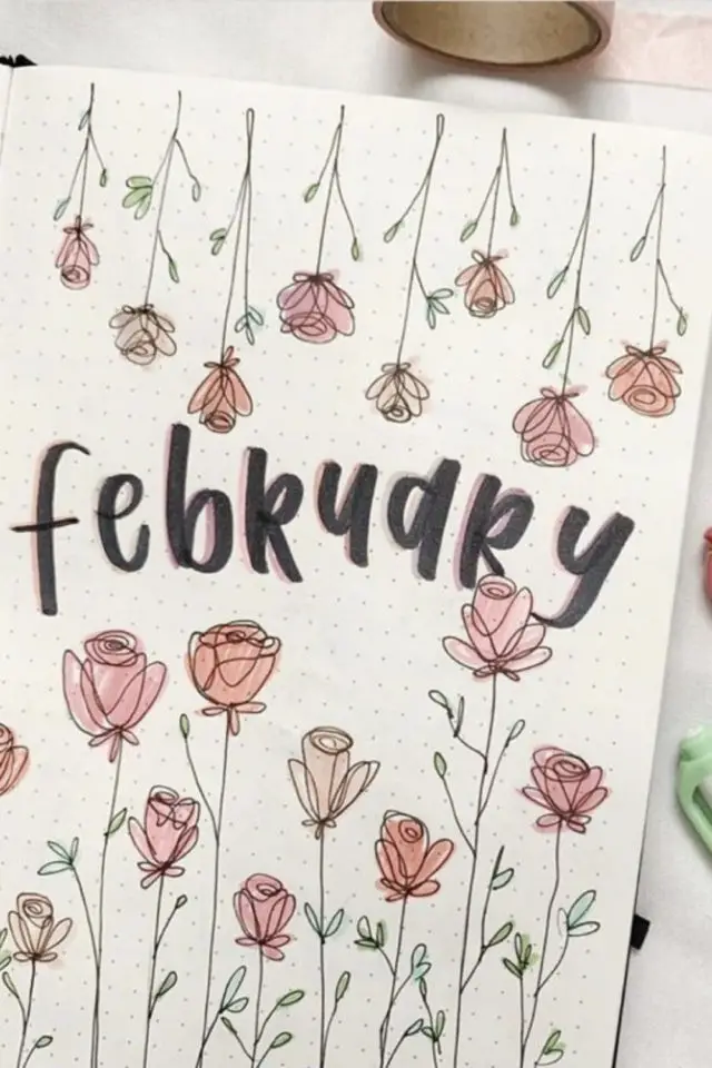 page de garde bullet journal fevrier petite fleur dessin rose romantique saint Valentin