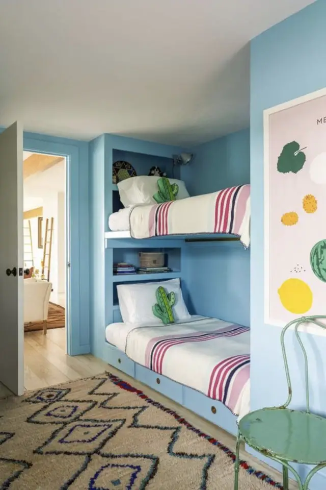 petite chambre enfant couleur exemple pastel bleu lit superposés