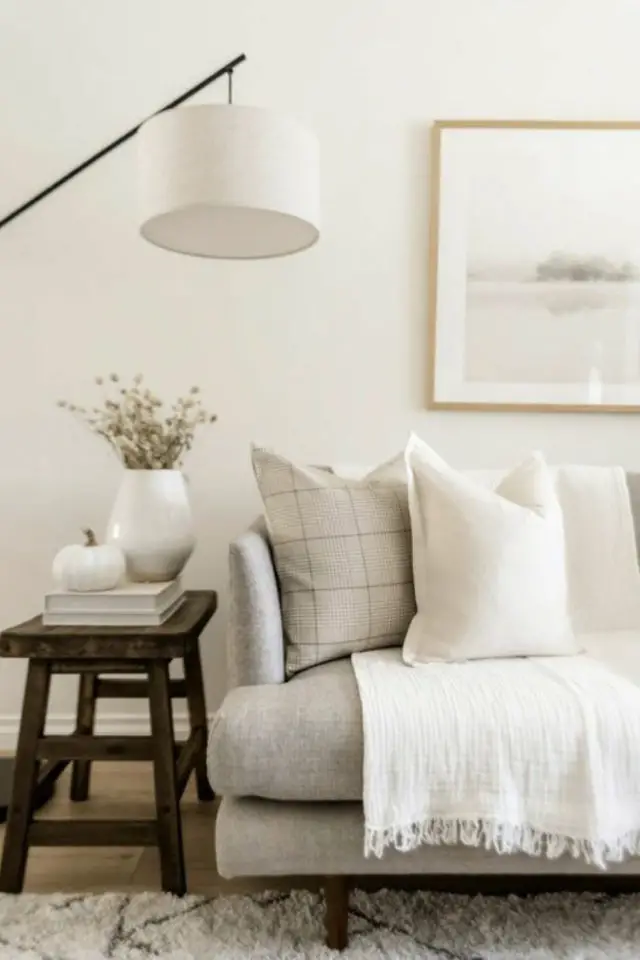 salon deco hygge moderne ambiance élégante cosy canapé coussin plaid fin en laine couleur neutre