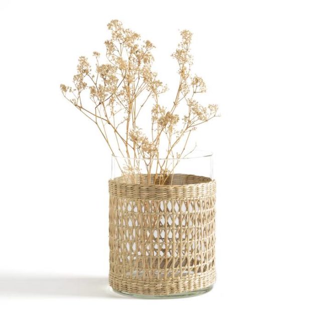 deco nature buffet vase transparent et fibres naturelles