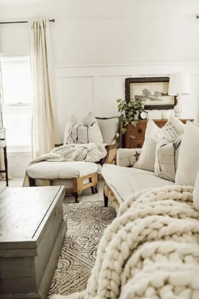 decoration hygge moderne exemple salon canapé angle plaid en grosse maille laine confort cosy