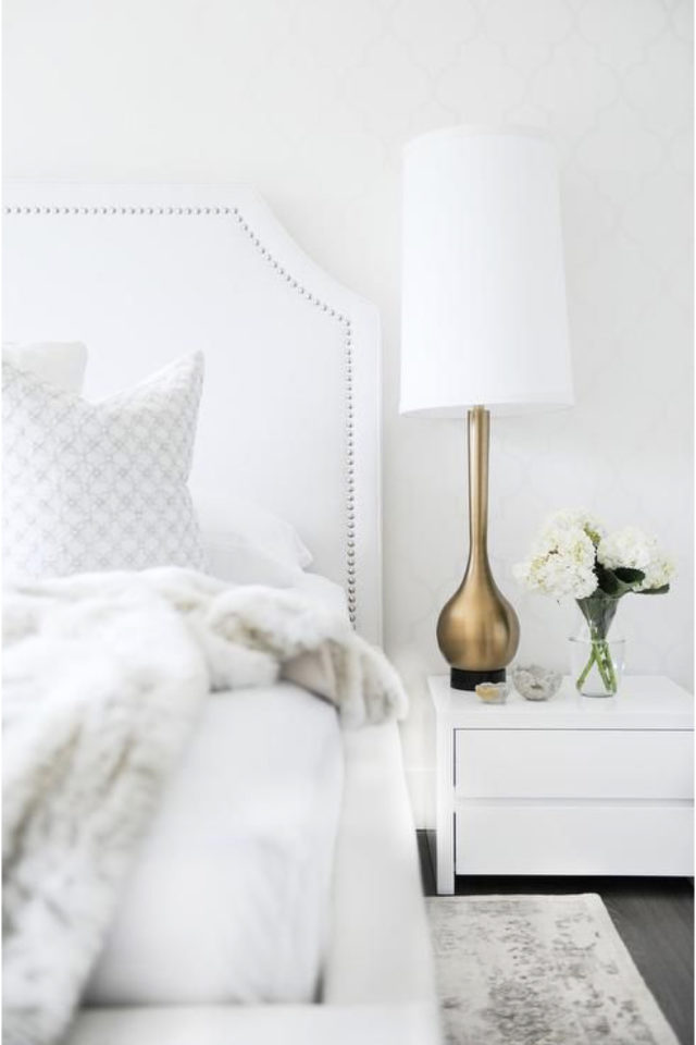 decoration hygge moderne exemple chambre à coucher blanche luminaire lampe de chevet à poser plaid en fausse fourrure chaleur hiver