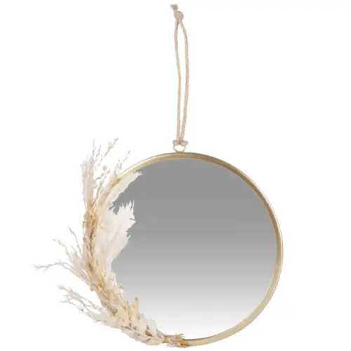 entree decoration mobilier moderne Miroir à suspendre en métal doré et fleurs séchées beige 21x20