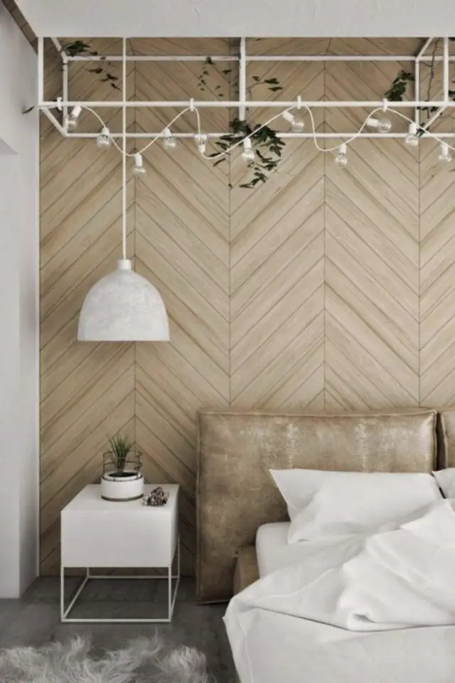 moderniser lambris mural idee bois naturel élégant chambre à coucher  mur accent 