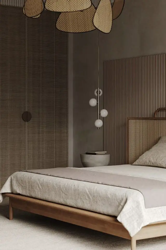 chambre luminaire minimaliste exemple ambiance slow bois beige cosy globe opaline simplicité