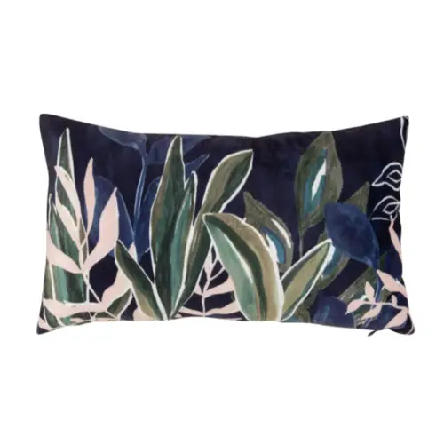 coussin motif couleur printemps exemple Housse de coussin imprimé floral vert, rose et bleu marine 30x50