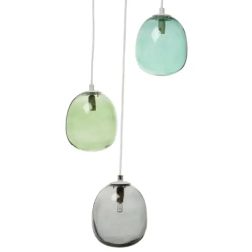 decoration couleur vert moderne Suspension 3 globes en verre teinté bleu, vert et gris