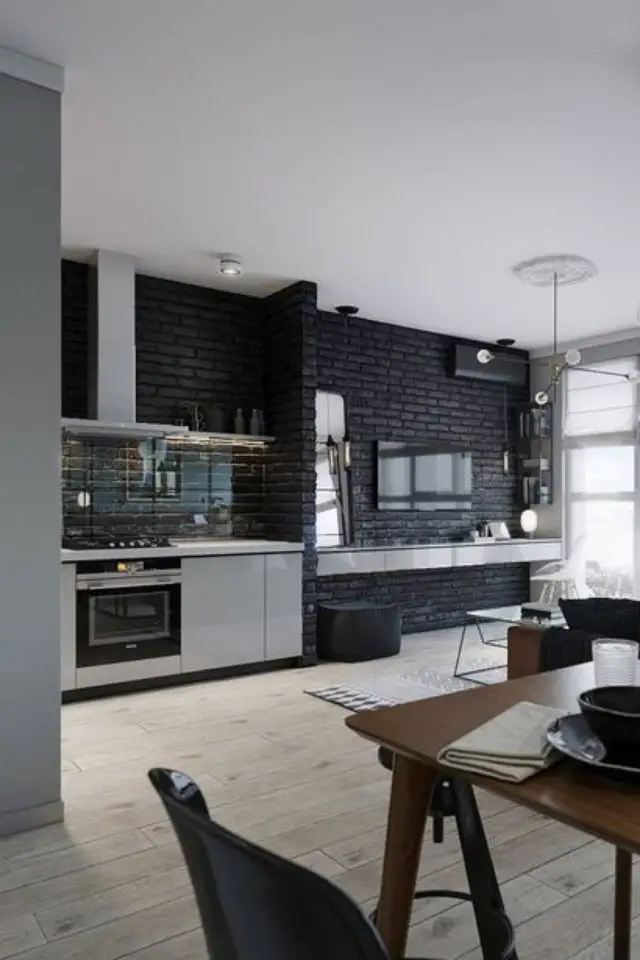 exemple cuisine lineaire longueur moderne gris et mur noir agencement rénovation 