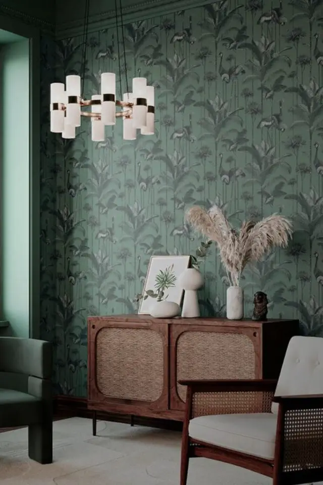 exemple papier peint vert retro motif tropical vintage végétal meuble cannage