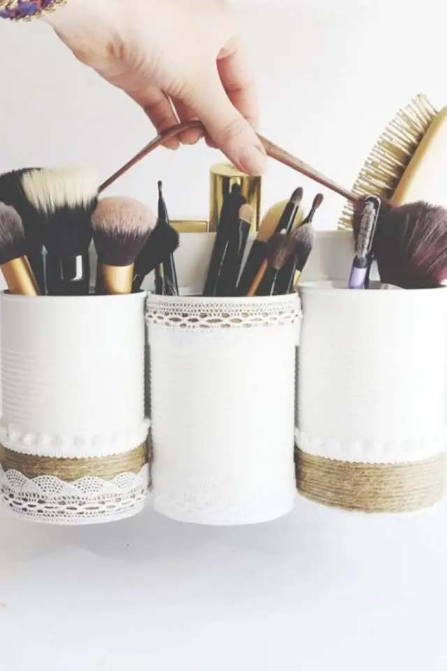 exemple recyclage deco DIY boite de conserve bricolage facile rangement maquillage