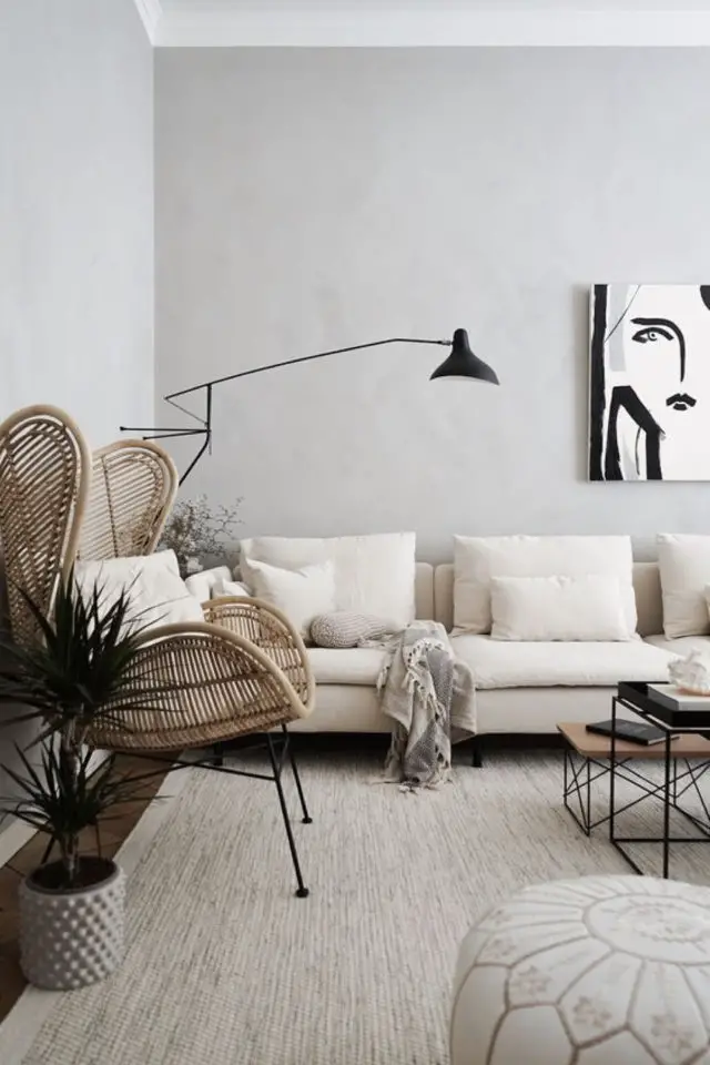 exemple utilisation detail noir decoration salon neutre canapé blanc cassé beige mur gris lampe applique murale articulée