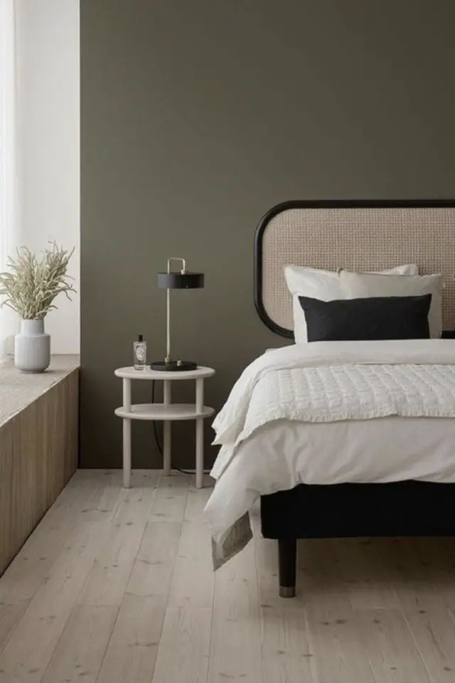 exemple utilisation detail noir decoration chambre à cougher adulte tête de lit cannage encadrement mis en valeur couleur mur vert sauge