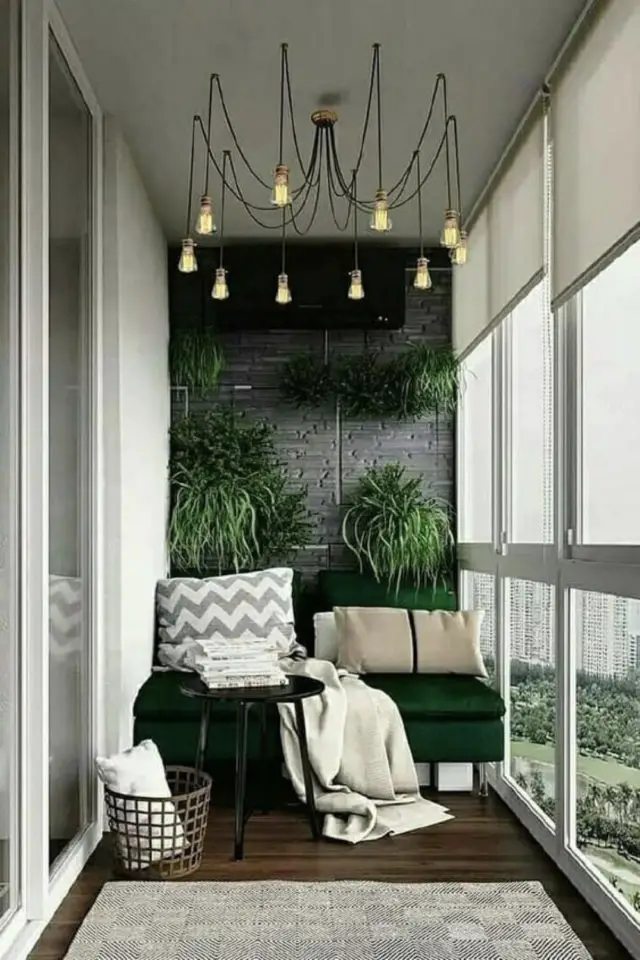idee a copier balcon loggia banquette velours luminaire suspension papier peint effet brique