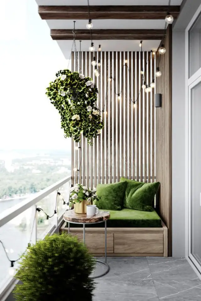 idee a copier balcon claustra bois banquette avec tiroir plantes suspendues