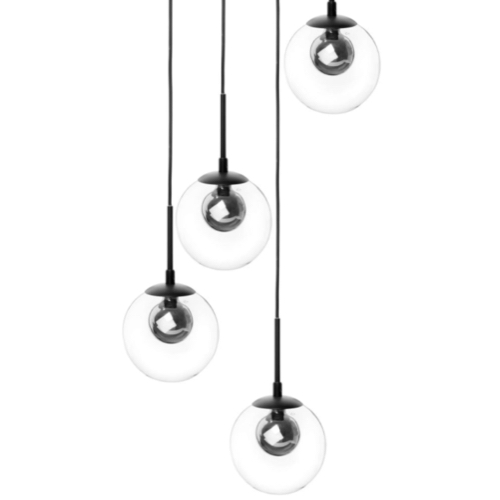 luminaire sobre elegant pas cher Suspension 4 globes en verre transparent et métal noir salle à manger séjour