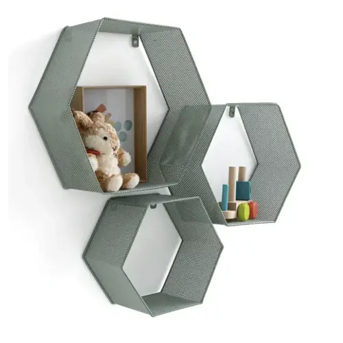 meuble deco vert moderne étagère hexagonale en métal perforé vert gris sauge