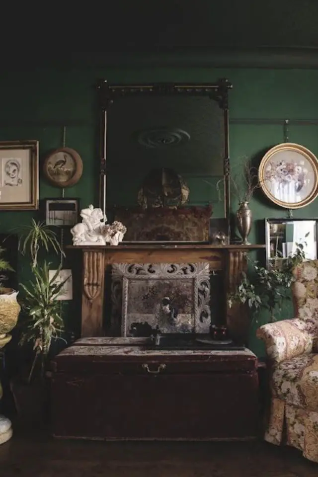 peinture verte plante interieure exemple ambiance vintage rétro cheminée classique élégance