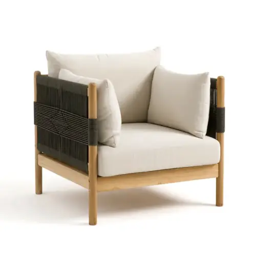 petit balcon meuble deco moderne Fauteuil de jardin en teck et corde élégant écru et naturel