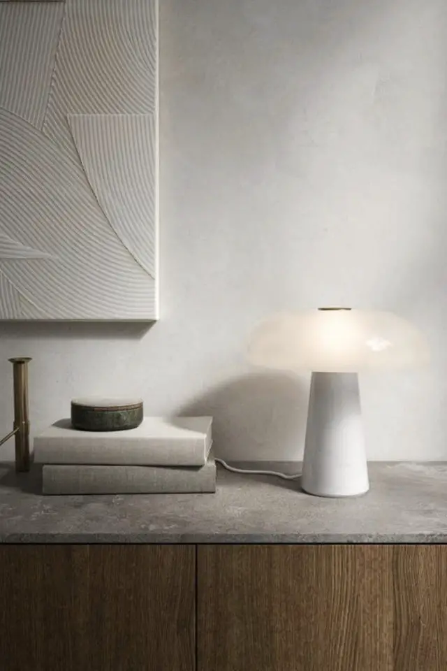 salon style minimal luminaire lampe à poser pied en béton abat-jour blanc design simple