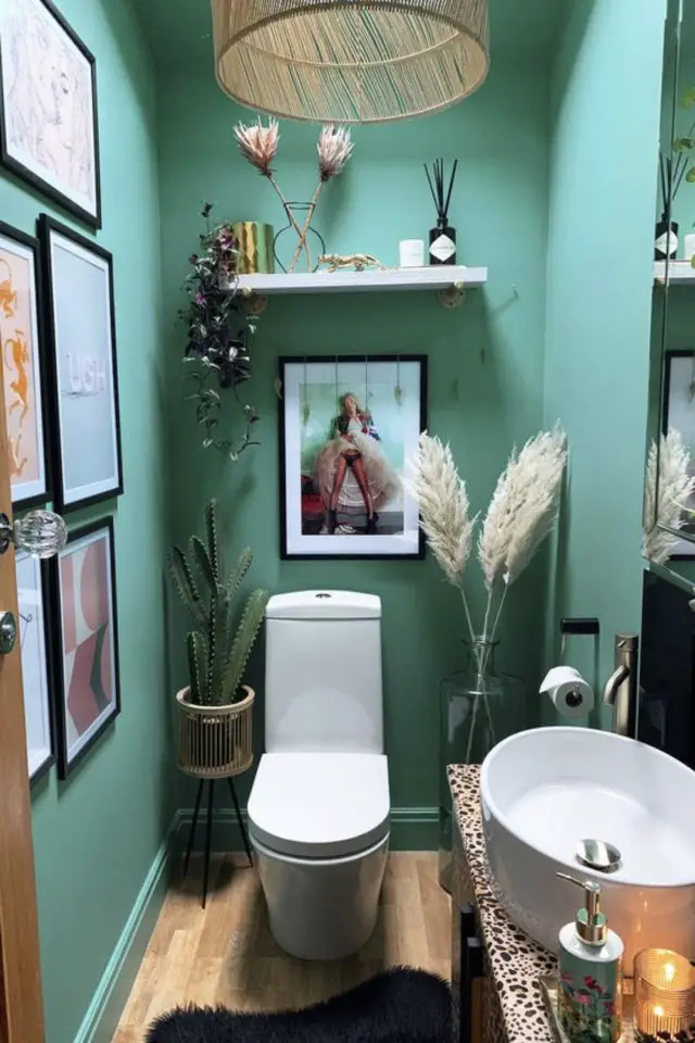 toilettes separes salle de bain decoration peinture unie vert décor mural cadres affiches