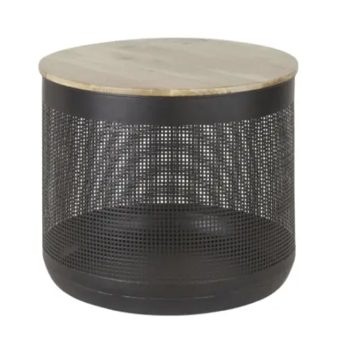 touche de noir accessoire deco Bout de canapé en bois de manguier métal noir perforé pratique complément rangement