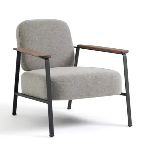 deco fauteuil elegant minimal vintage 1 structure métal noir accoudoir bois tissu chiné gris
