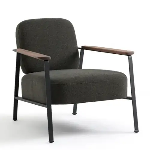 deco fauteuil elegant minimal vintage 1 structure métal noir accoudoir bois tissu chiné vert kaki