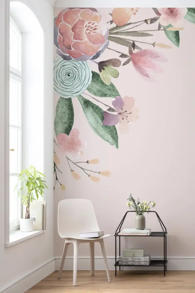 decor mural papier peint moderne angle de mur motif fleur aquarelle printemps