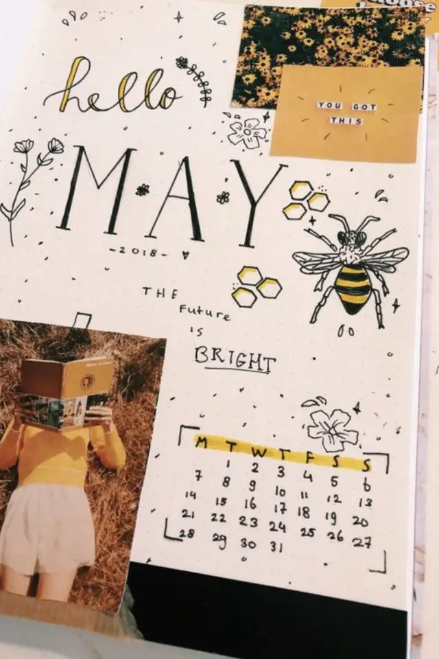 exemple deco bullet journal mai couleur jaune abeille nature