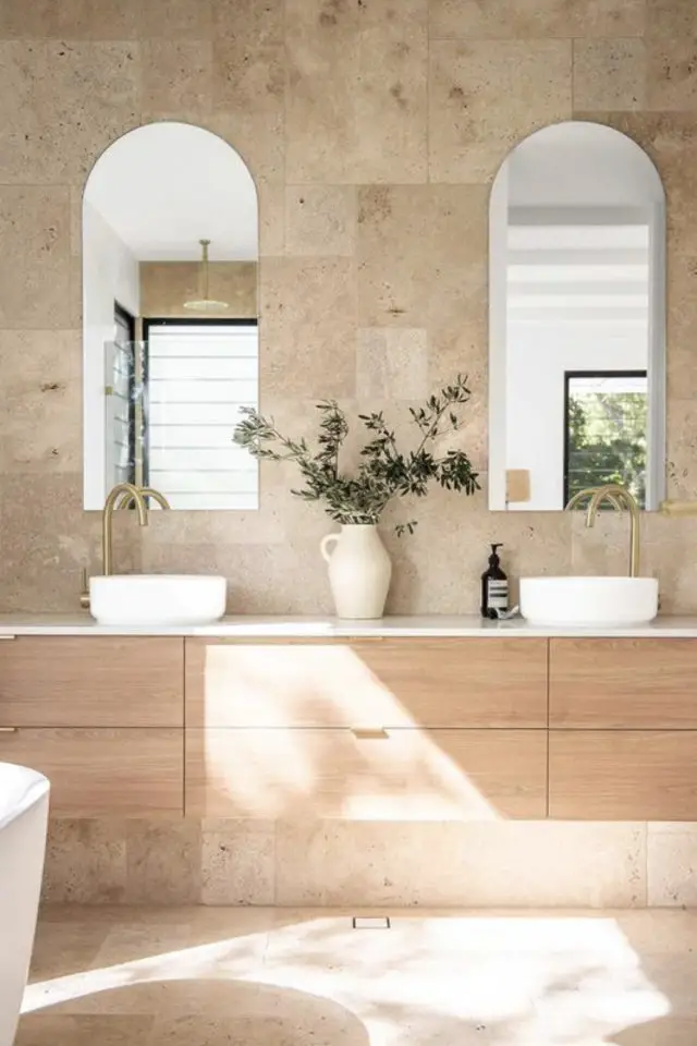 exemple salle de bain miroir simple moderne haut arrondi au dessus meuble double vasque