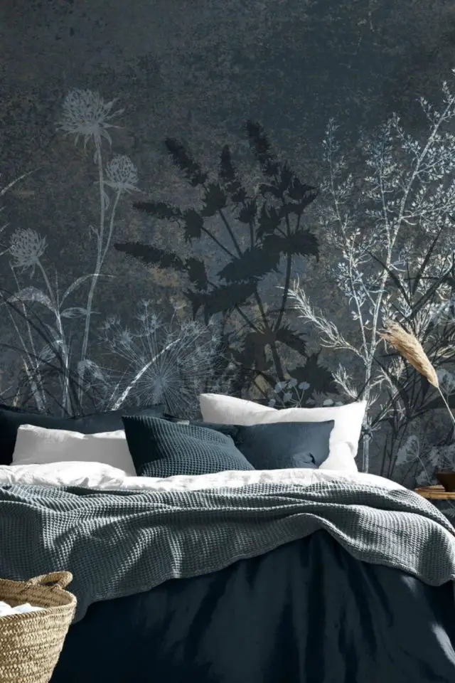 fresque murale papier peint imprimé sombre chambre à coucher élégante floral