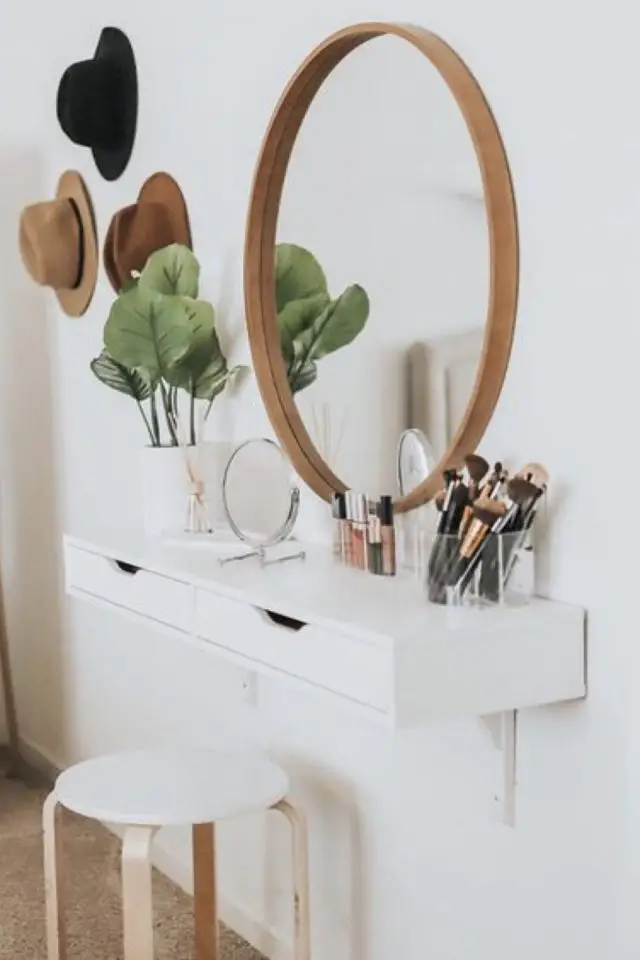 ikea hack exemple coiffeuse chambre ekby alex tiroir blanc mural miroir rond bois