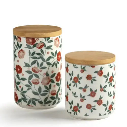 ou trouver boite rangement coiffeuse Lot de 2 pots dessin petites fleurs couvercle bois