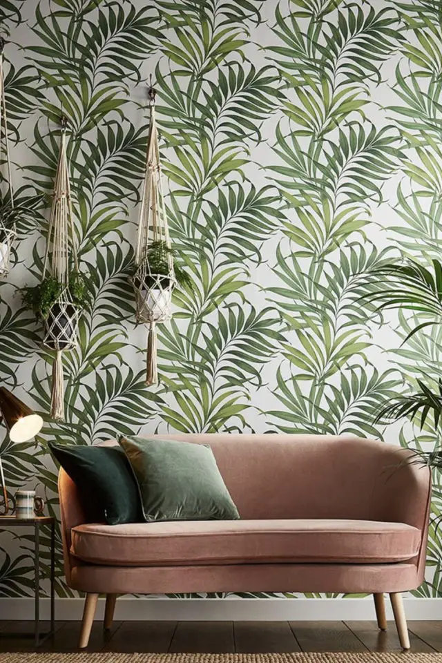papier peint couleur printemps ete imprimé végétal tropical jungle vert et blanc