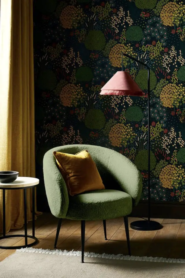 papier peint couleur printemps ete salon séjour élégant classique motif végétal fond vert