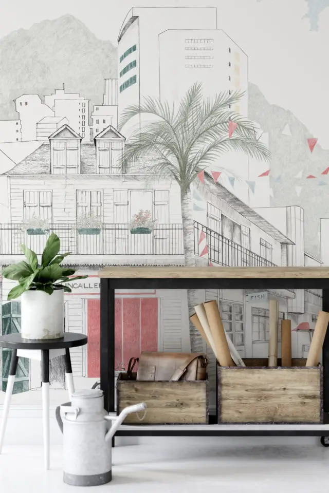 papier peint panoramique fresque salon séjour fond blanc dessin poétique ville architecture
