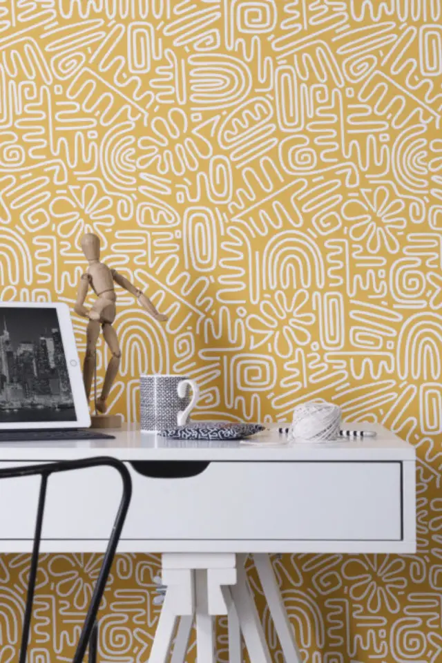 papier peint panoramique fresque jaune et blanc déco entrée bureau petite pièce motif tendance