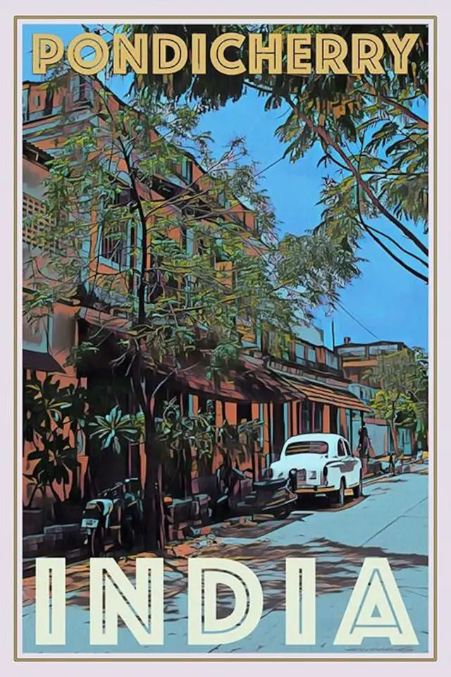 affiche vintage Inde voyage Pondicherry quartier colonial