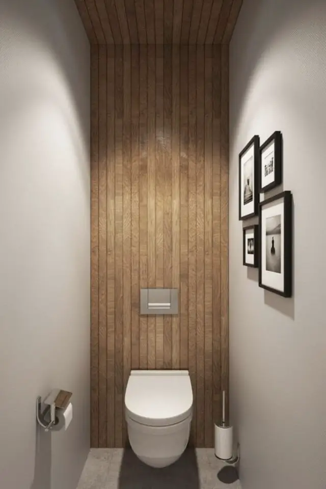 exemple toilettes deco bois revêtement mural tasseau wc en longueur profond