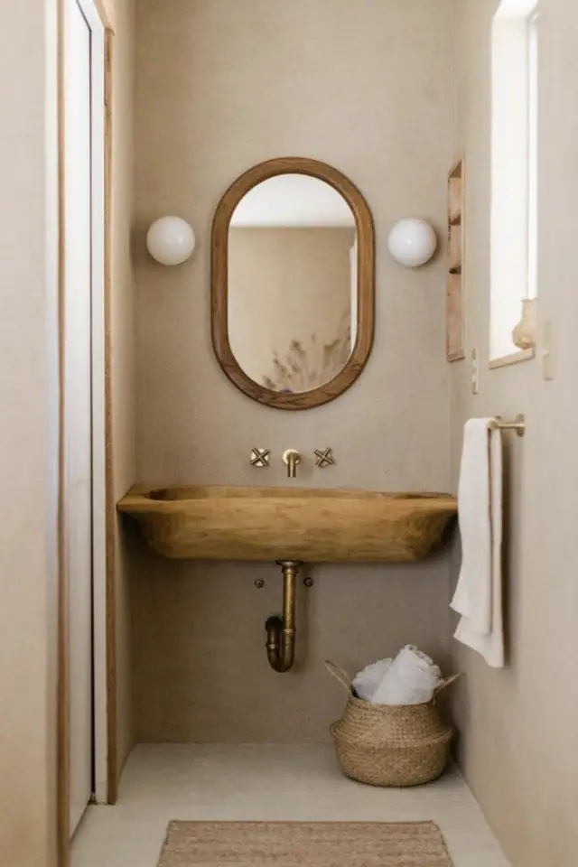 exemple toilette deco bois vasque lave main nature miroir oval