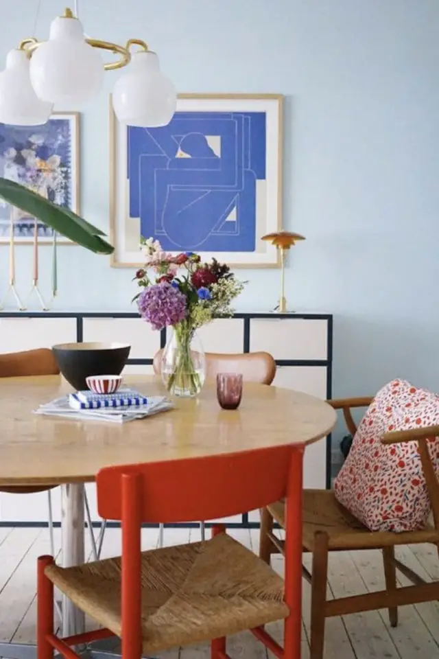 exemple touche de rouge decoration salle à manger bleu ciel arty chaise colorée