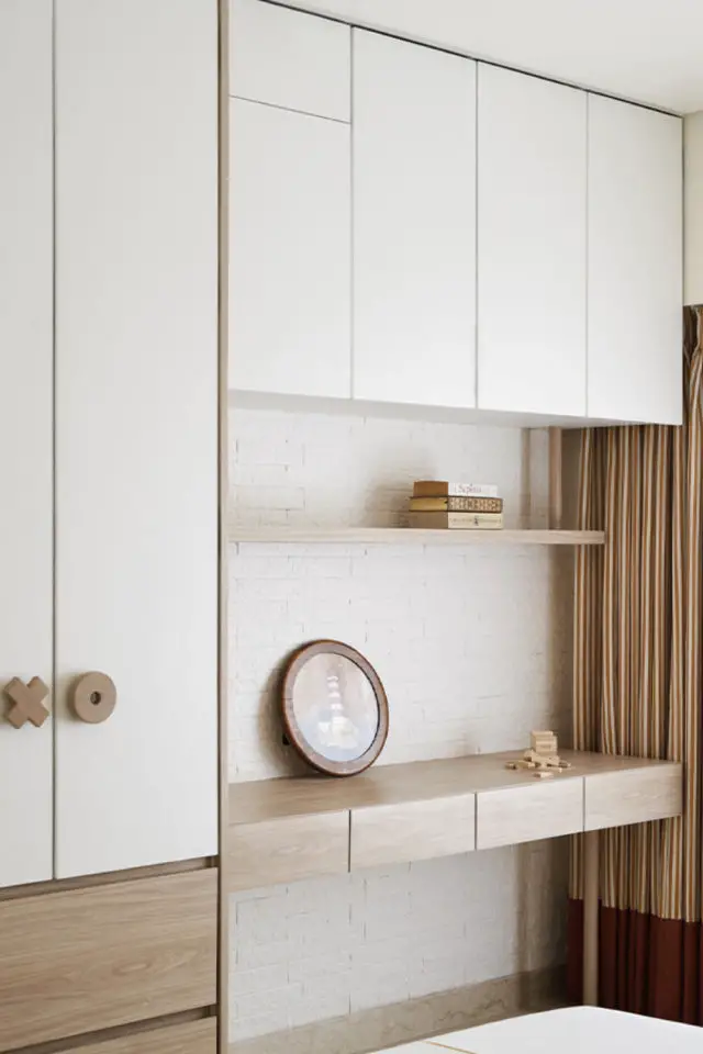interieur contemporain minimaliste lumineux meuble sur mesure console placard bois et blanc